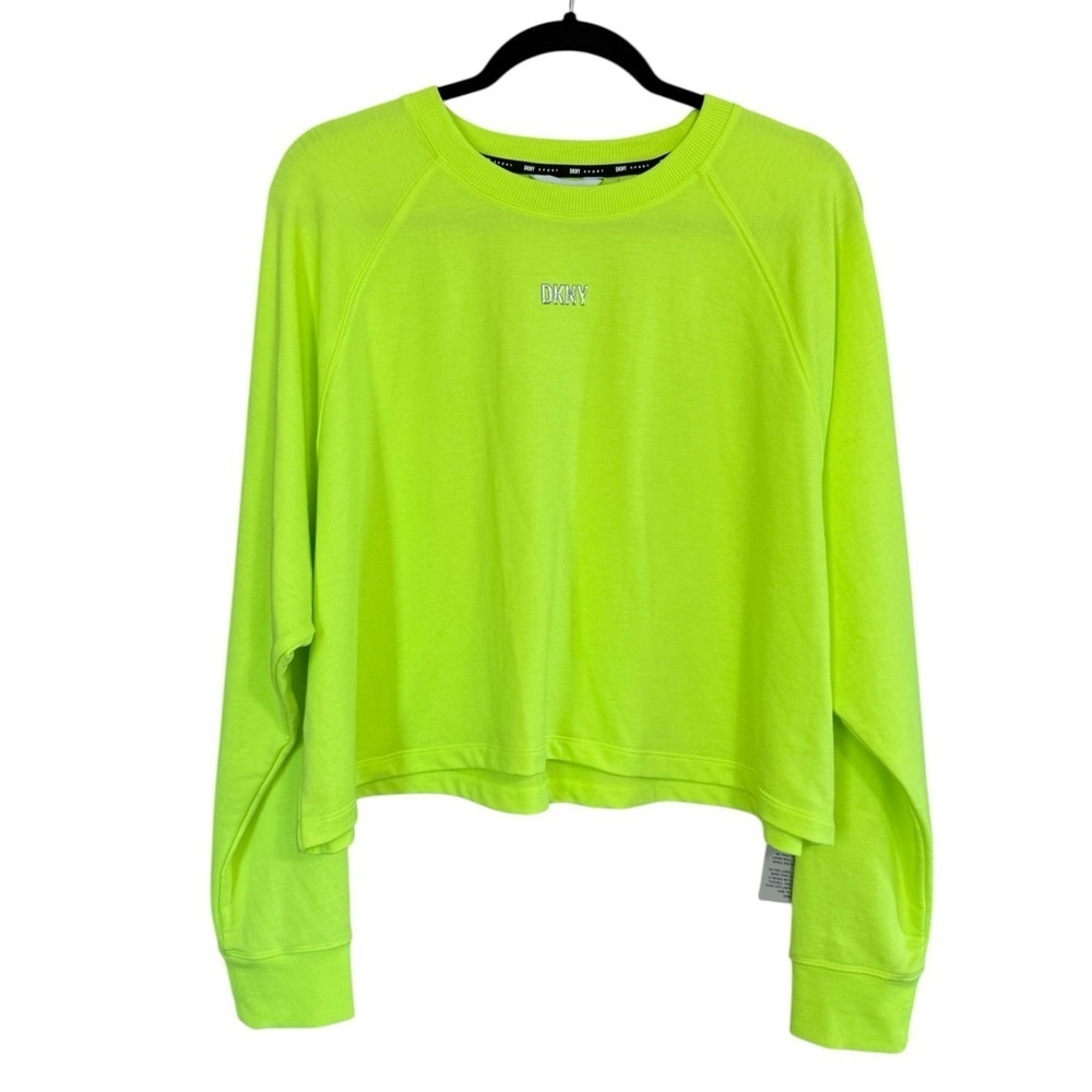NWT DKNY Sport Neon Green Yellow Women's Crewneck Cropped Sweatshirt Pullover